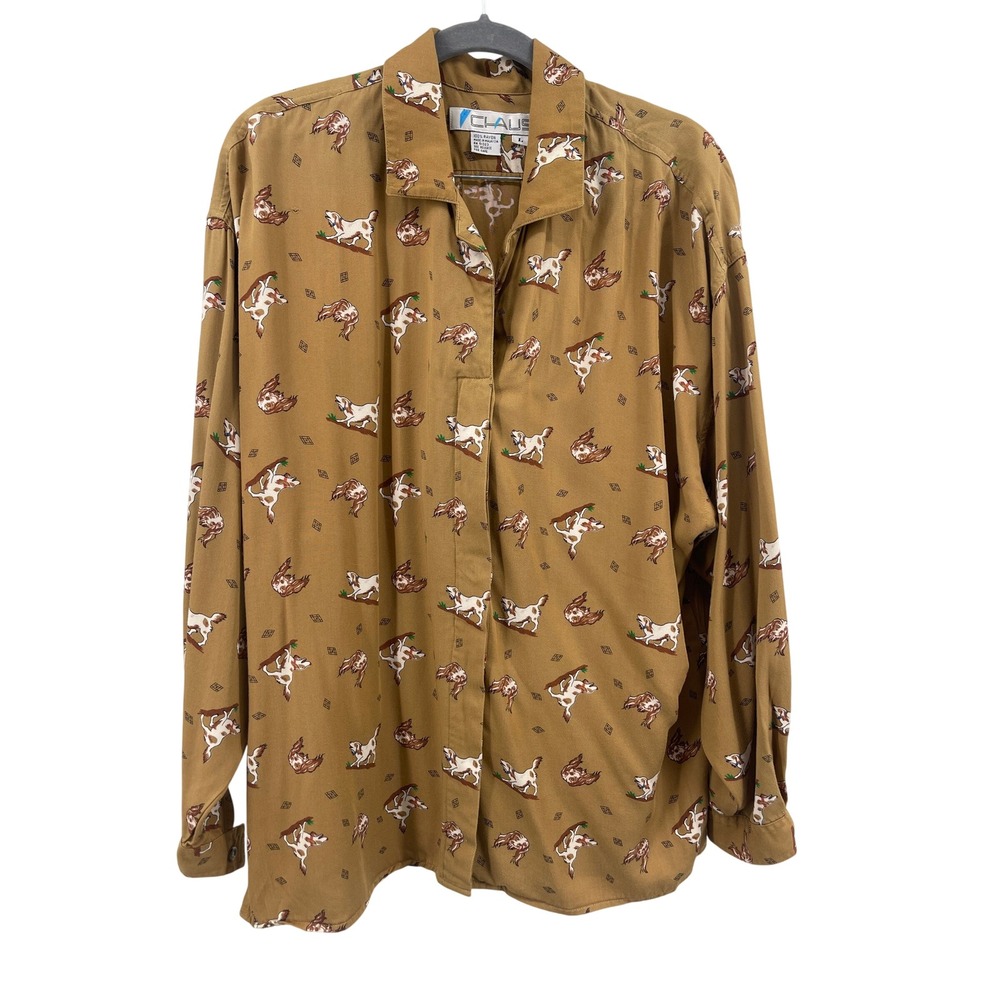 Vintage Chaus Womens L Button Down Shirt Tan Hunting Dog Print Rayon Flawed Boho
